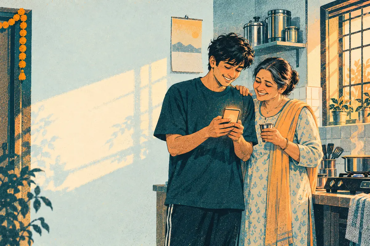 Illustration: a young man showing his phone to his smiling mother in a sunlit kitchen, morning chai in her hand.